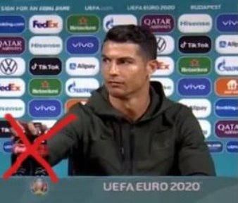 Celebrul fotbalist Ronaldo a dat cu flit băuturilor Coca-Cola la Campionatul European de Fotbal UEFA 2020, provocând astfel o pierdere de 4 miliarde de dolari corporaţiei americane!
